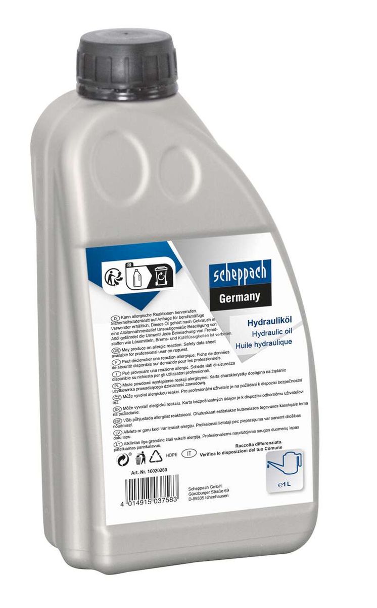 Scheppach Hydrauliköl 1 Liter, graue Flasche mit schwarzem Deckel, Rückseite mit Sicherheitshinweisen und Herstellerinformationen.