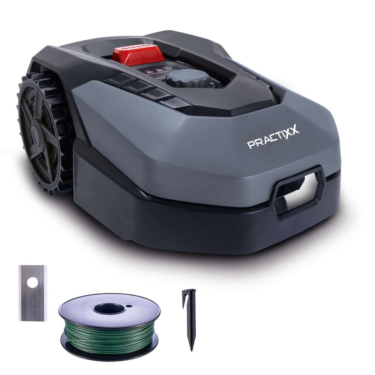 Der Mähroboter PX-RRM-500Wi Practixx mit Zubehör: Begrenzungskabel, Nagel und Begrenzungshülse. Der Roboter wird von der Seite gezeigt.