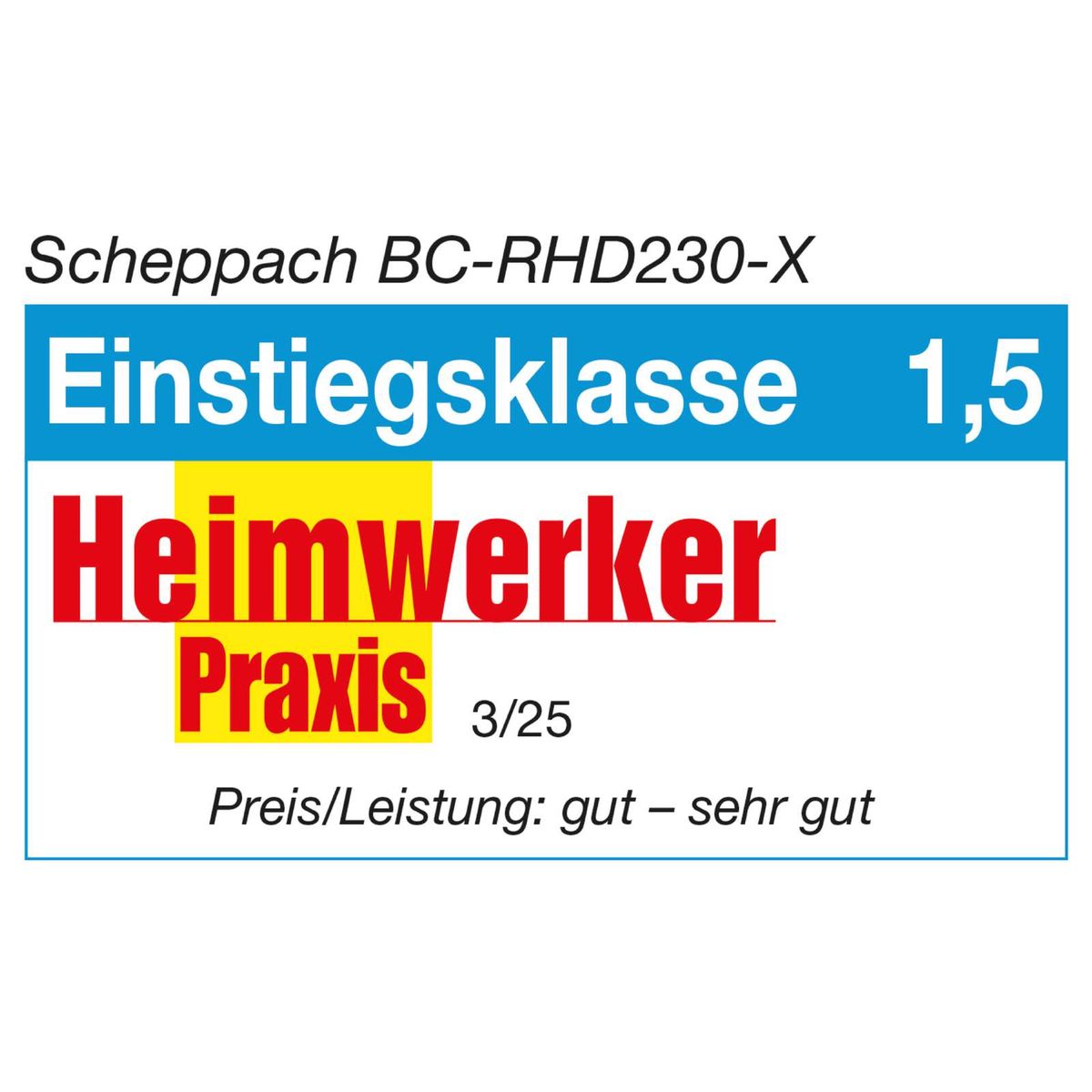 Der Akku-Bohrhammer BC-RHD230-X von Scheppach hat die Einstiegsklasse 1,5. Er ist ein Heimwerker- und Praxisgerät mit einer Bewertung von 3/25. Das Preis/Leistung: gut – sehr gut.