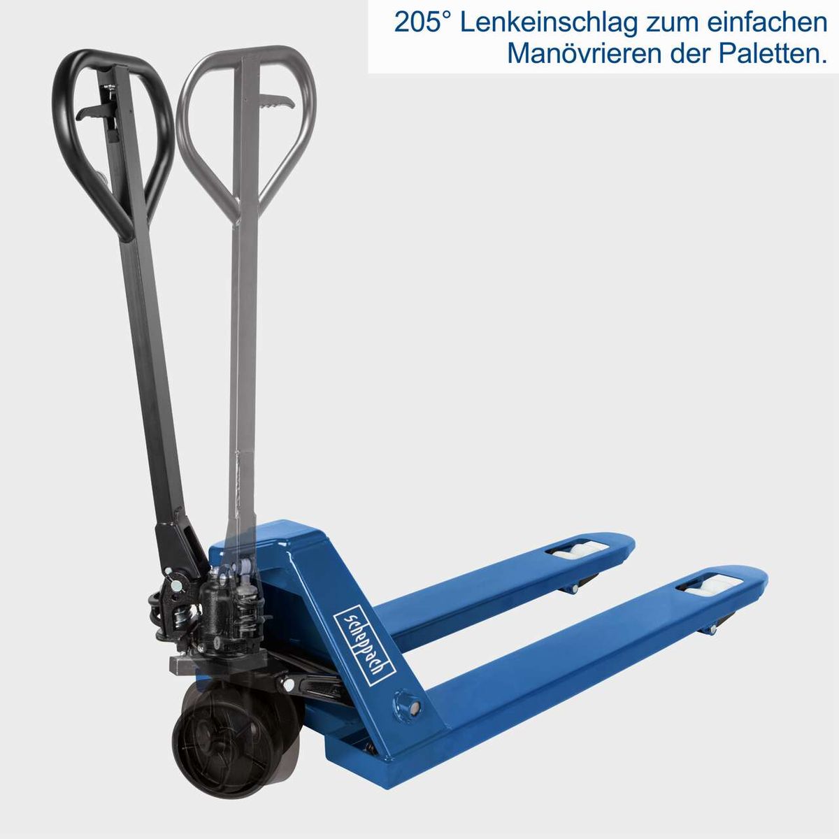 Hubwagen mit 205° Lenkeinschlag für einfaches Manövrieren der Paletten. Produktansicht von vorne.