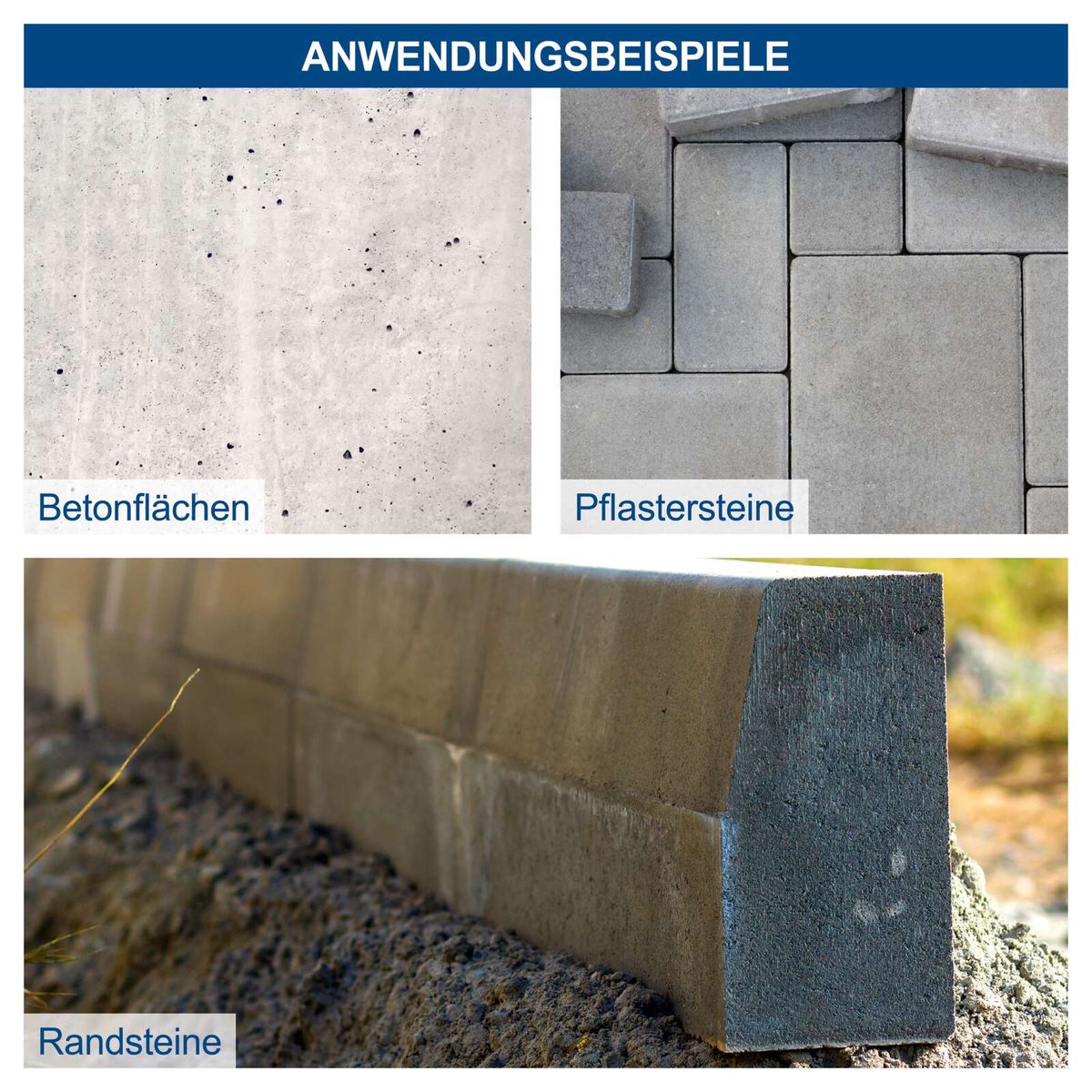 Beispiele für Betonflächen, Pflastersteine und Randsteine in der Anwendung