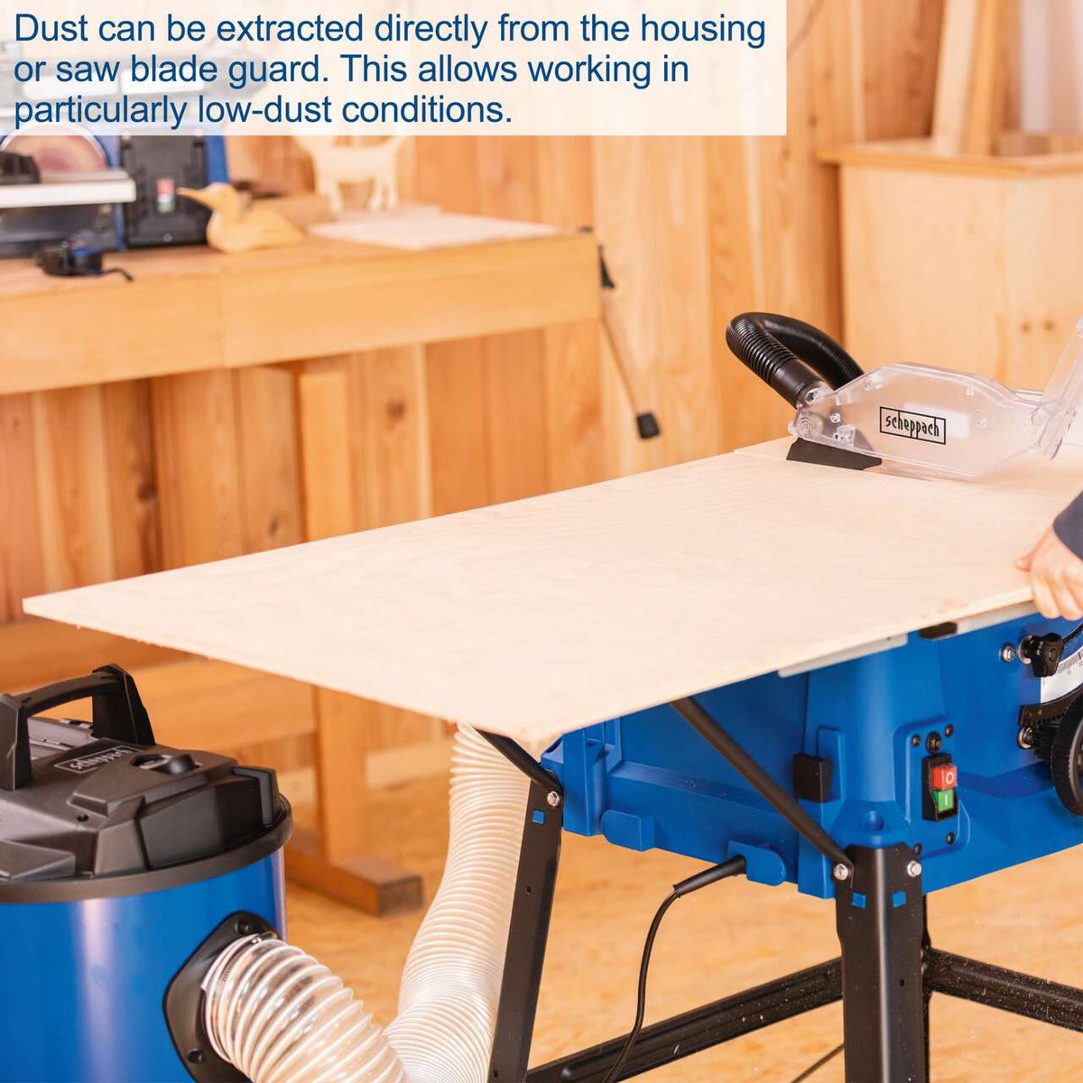 Scheppach table saw with built-in dust extraction for low-dust operation