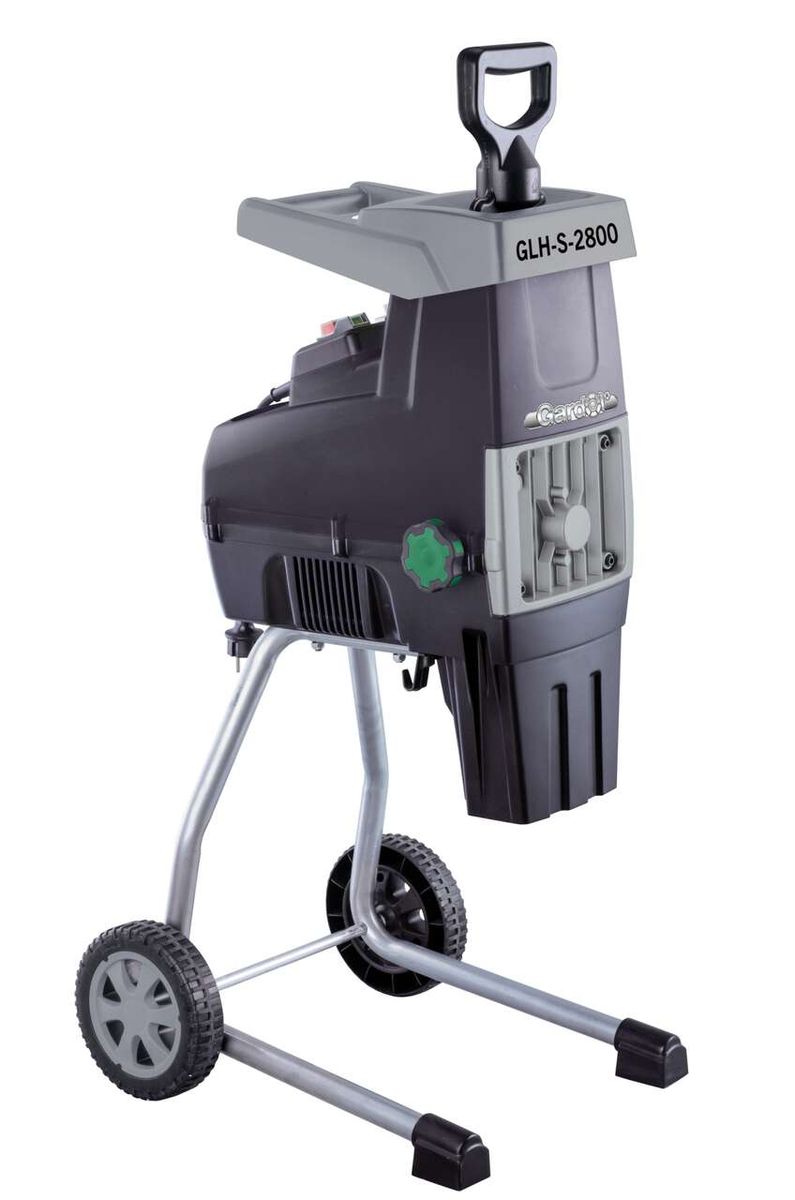 Leisehäcksler GLH-S-2800 Bauhaus, seitliche Ansicht mit großen Rädern und Handgriff.