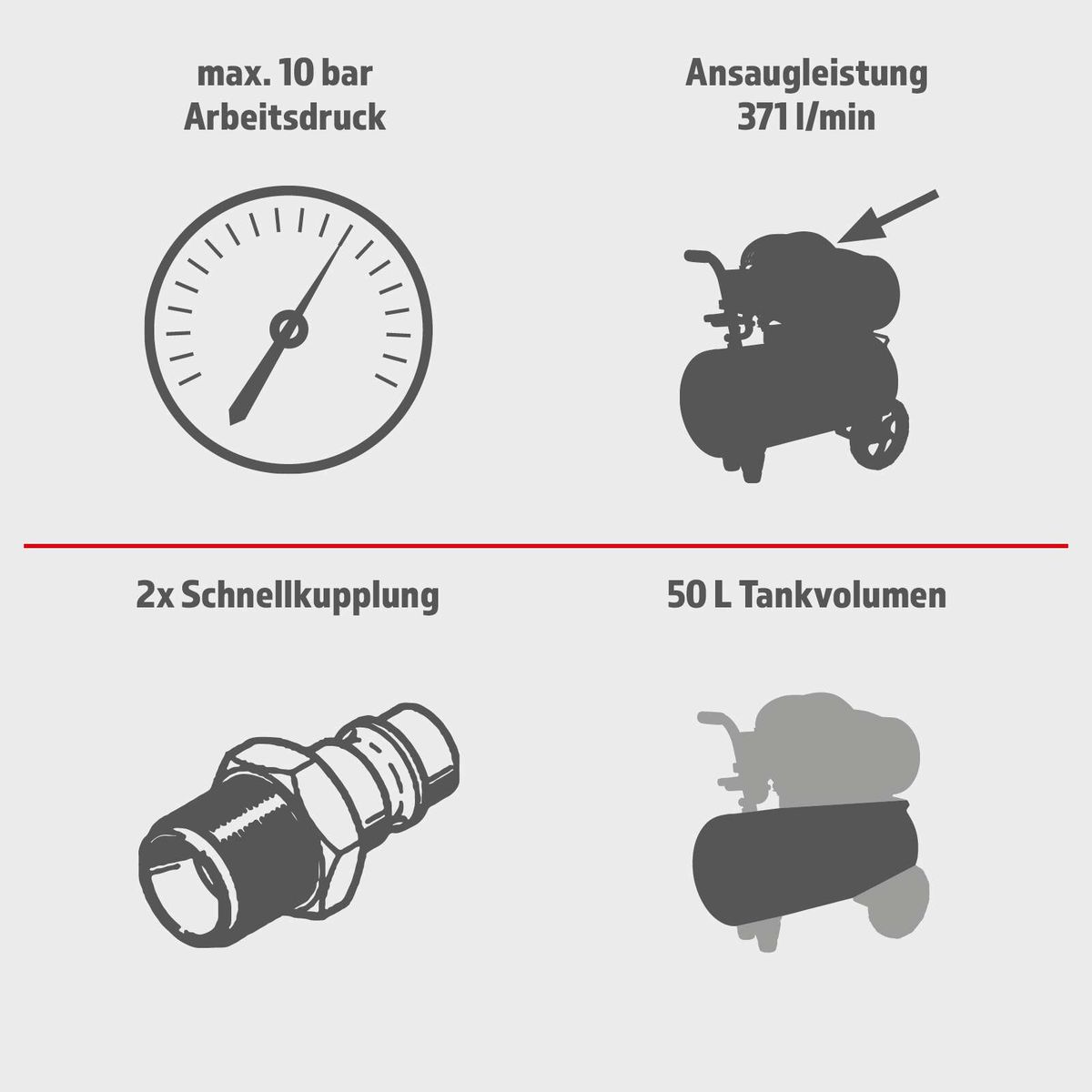 Der Scheppach Kompressor AC501-14 Set Herkules (Bauhaus) hat einen maximalen Arbeitsdruck von 10 bar, eine Ansaugleistung von 371 Litern pro Minute, zwei Schnellkupplungen und einen 50-Liter-Tank.