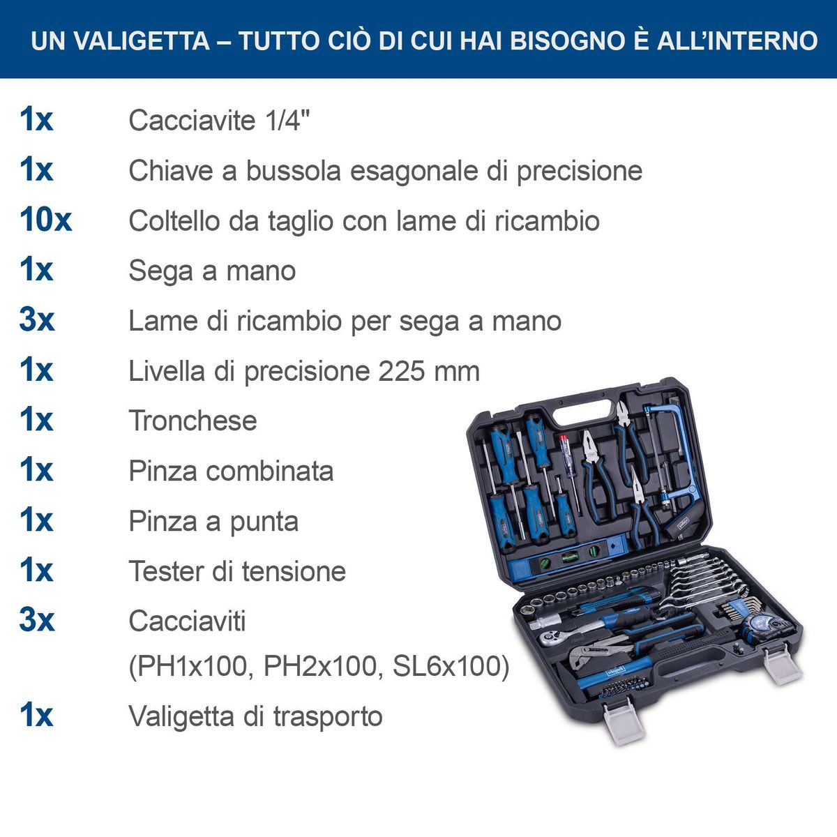 Der Werkzeugkoffer WZK120 Scheppach - 96-tlg. CV Werkzeugset | gefüllt enthält: 1x Cacciavite 1/4