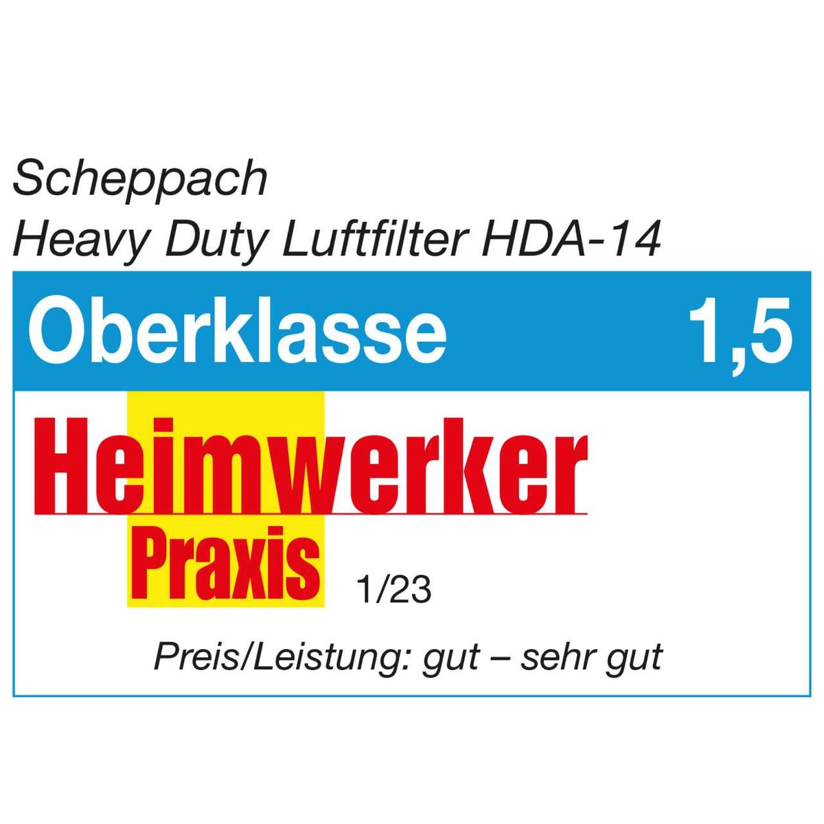 Der Scheppach Heavy Duty Luftfilter HDA-14 erhielt von Heimwerker Praxis die Bewertung 1,5 in der Kategorie Oberklasse. Das Preis-Leistungs-Verhältnis wurde als gut bis sehr gut eingestuft.