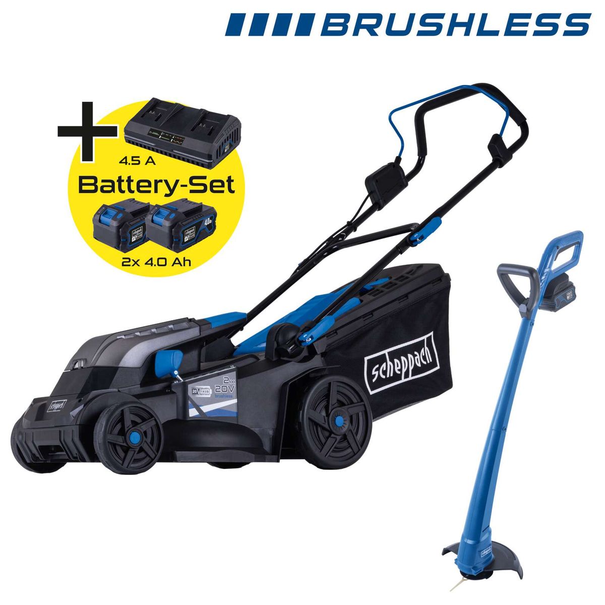 Scheppach Akku-Rasenmäher BC-MP380 LT mit Akku-Rasentrimmer und Ladegerät inkl. zwei Akkus