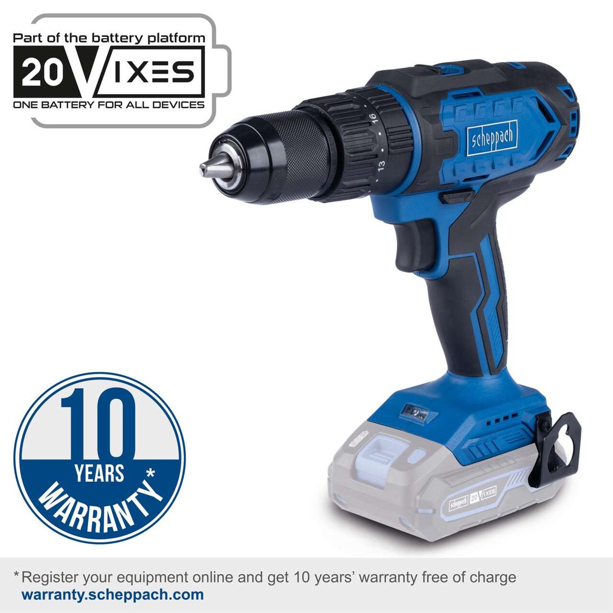 Cordless impact drill C-CD45-X by Scheppach. Part of the 20VIXES battery platform. One battery for all devices. 10 years warranty with online registration at warranty.scheppach.com.