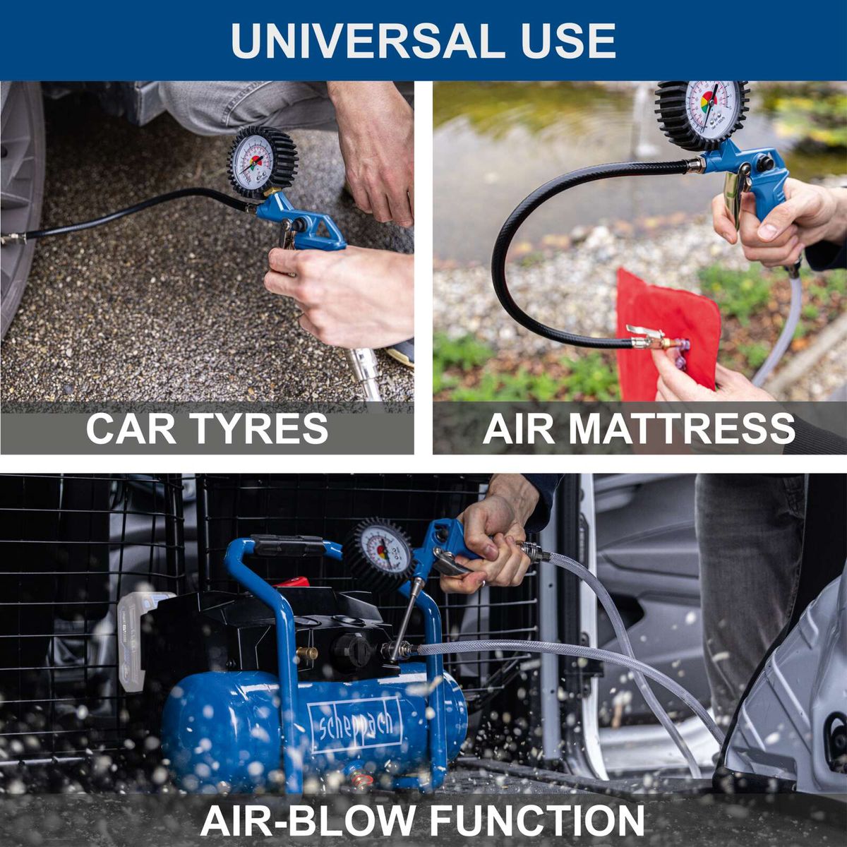 The Scheppach air compressor is suitable for universal use. It is ideal for car tyres, air mattresses, and features an air-blow function.