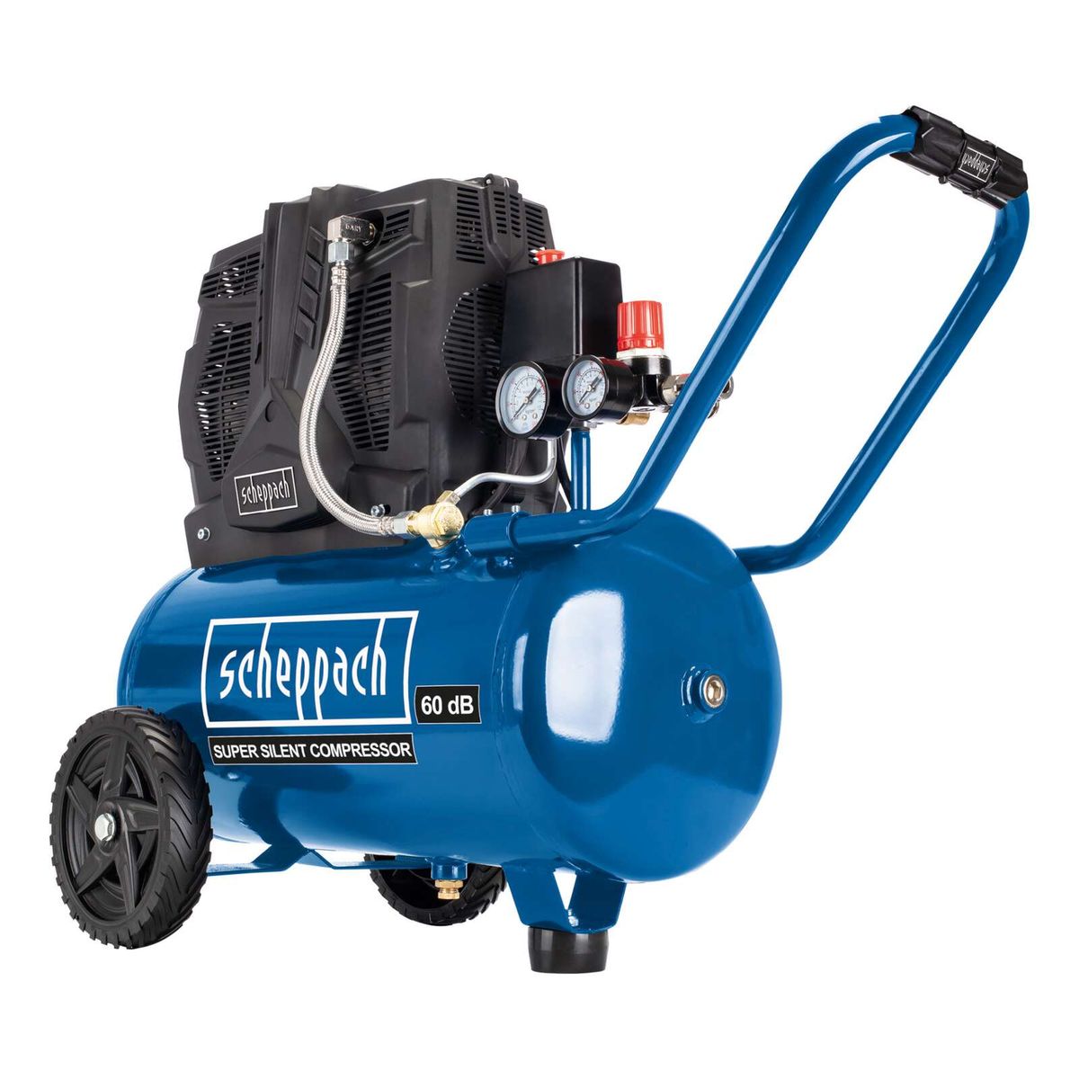 Scheppach-Silent-Kompressor mit 60 dB, 230V, 50Hz, ölfrei, 24 Liter Fassungsvermögen, 1100 Watt, 8 bar Druck, 230 Liter/min, 2 Manometer, Rollen für Mobilität