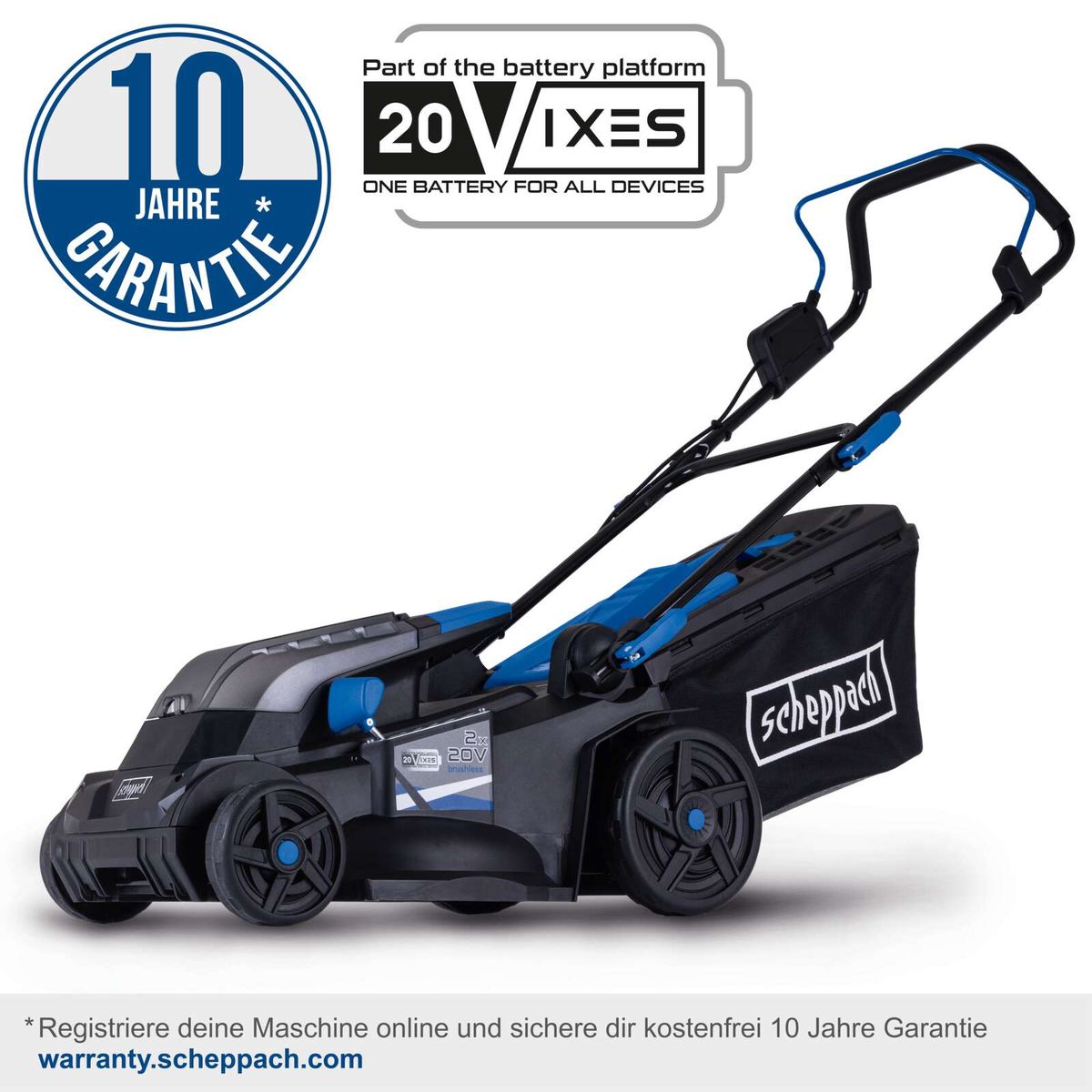 Scheppach Akku-Rasenmäher mit 10-jähriger Garantie, 2x 20V-Batterie, brushless-Technologie, inkl. 10 Jahre kostenfreie Online-Registrierung