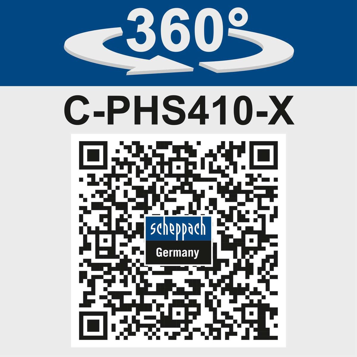 Scheppach-Hackenscherenmodell C-PHS410-X mit 360°-Drehfunktion und QR-Code für Scheppach-Deutschland
