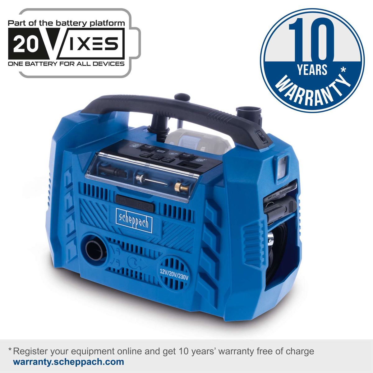 Hybrid compressor Airforce 6 Scheppach with 10.3 Bar pressure, oil-free, 2 USB ports and 3 drive types. 10 years warranty with online registration.