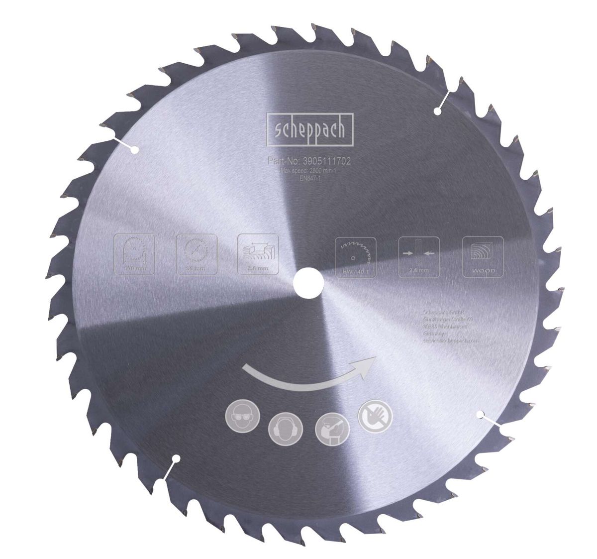 Scheppach-Spatenblatt mit Teilenummer 3905111702 und Maximalgeschwindigkeit 2800 U/min