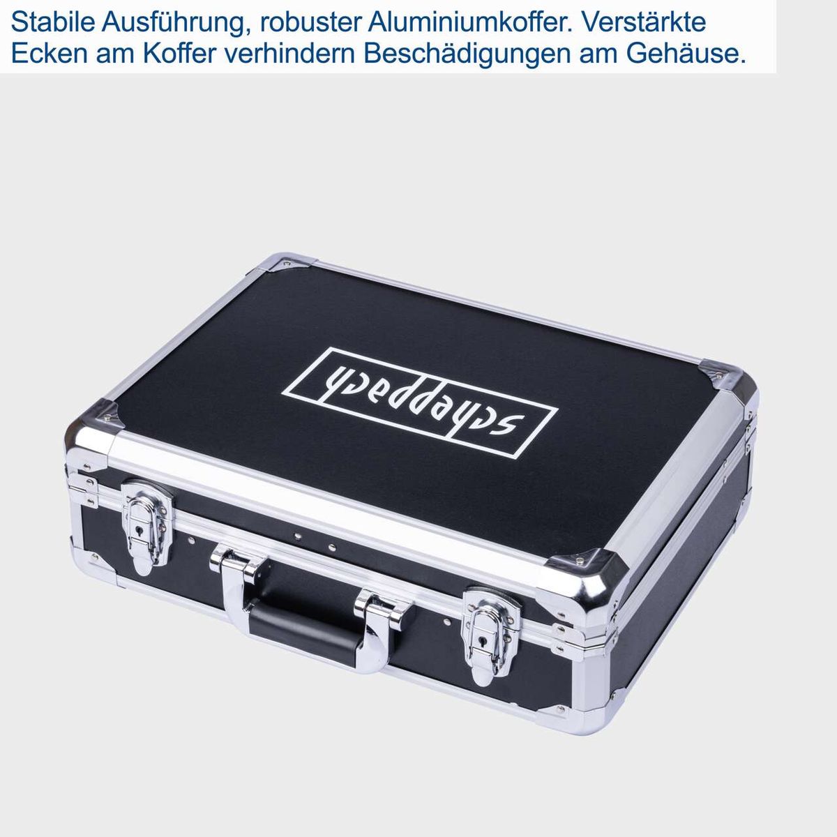 Stabiler Aluminiumkoffer mit verstärkten Ecken für erhöhte Haltbarkeit und Schutz des Gehäuses.