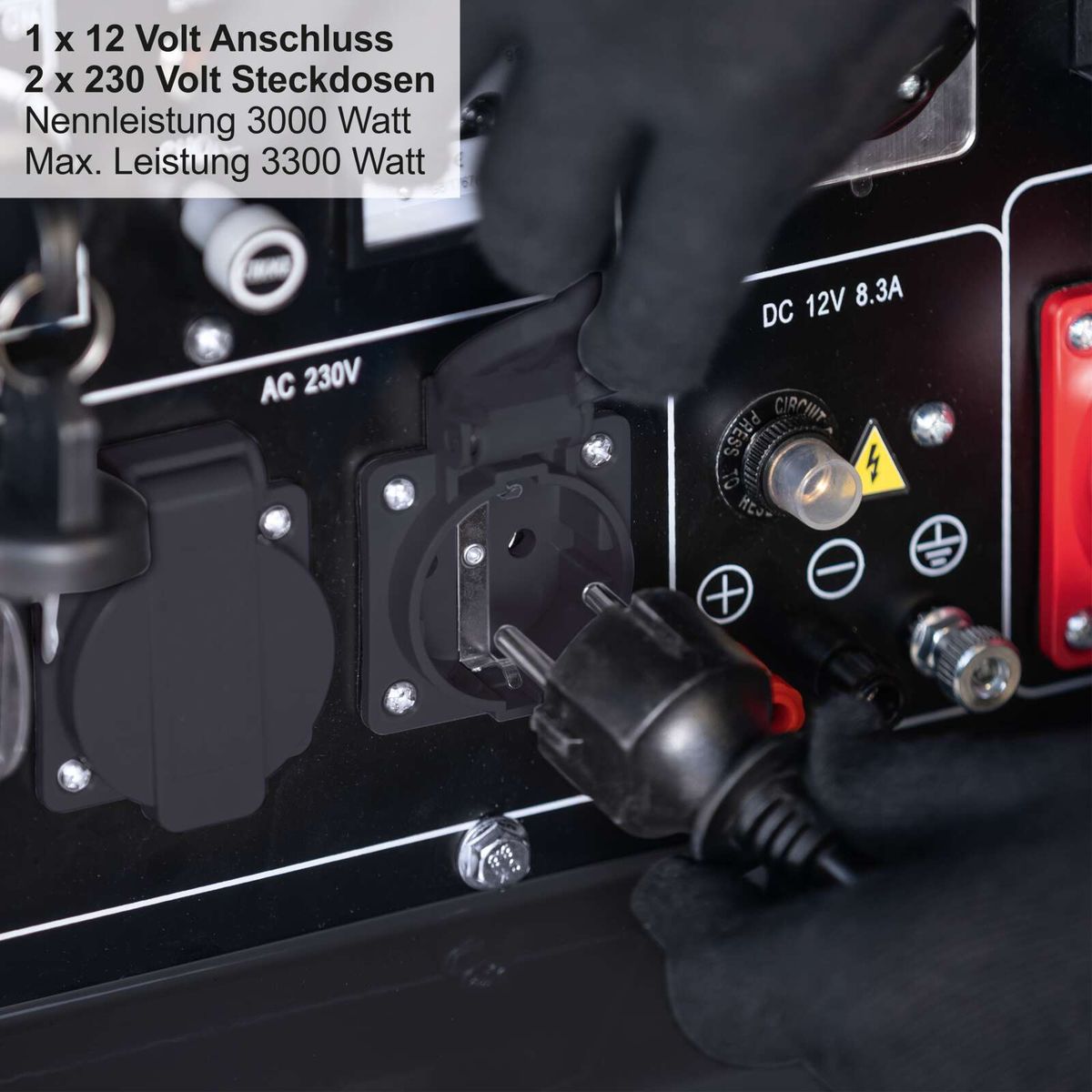 Wichtige technische Daten eines Diesel-Stromerzeugers mit 2x 230V-Steckdosen, 1x 12V-Anschluss und 5000 Watt Nennleistung