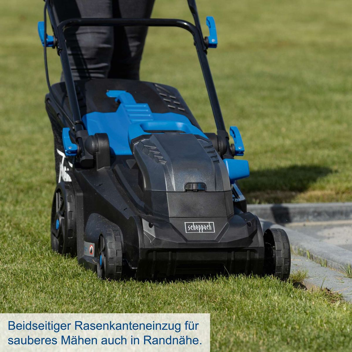 Scheppach Akku-Rasenmäher mit bidirektionalem Randkanteneinzug für präzises Mähen auch an Rändern