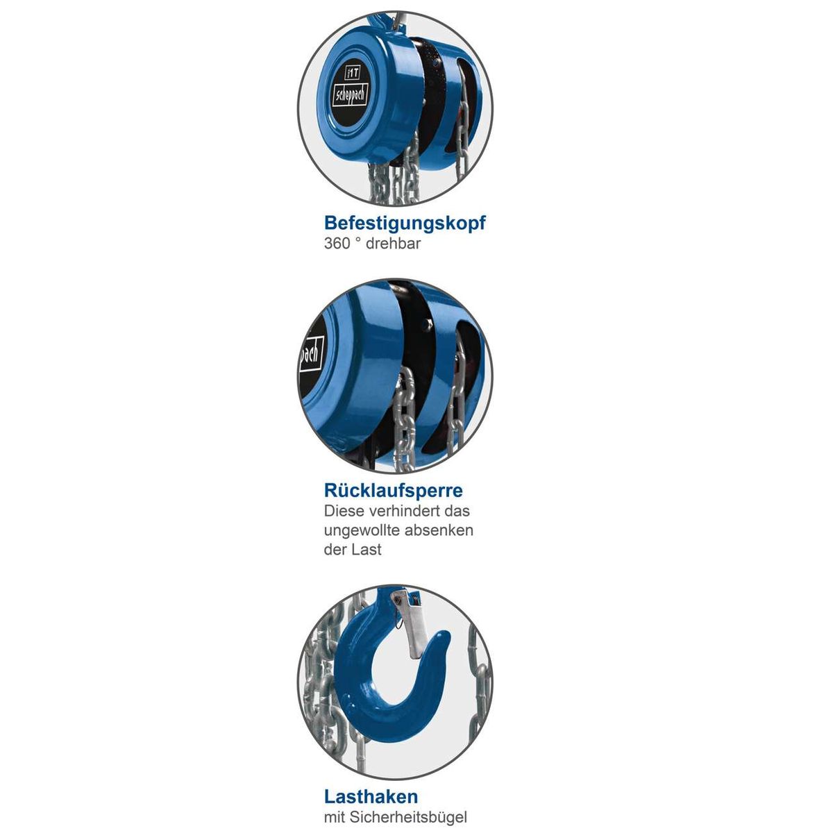 360° drehbare Befestigungskopf für Kettenzug; Rücklaufsperre gegen ungewolltes Absenken der Last; Lasthaken mit Sicherheitsbügel