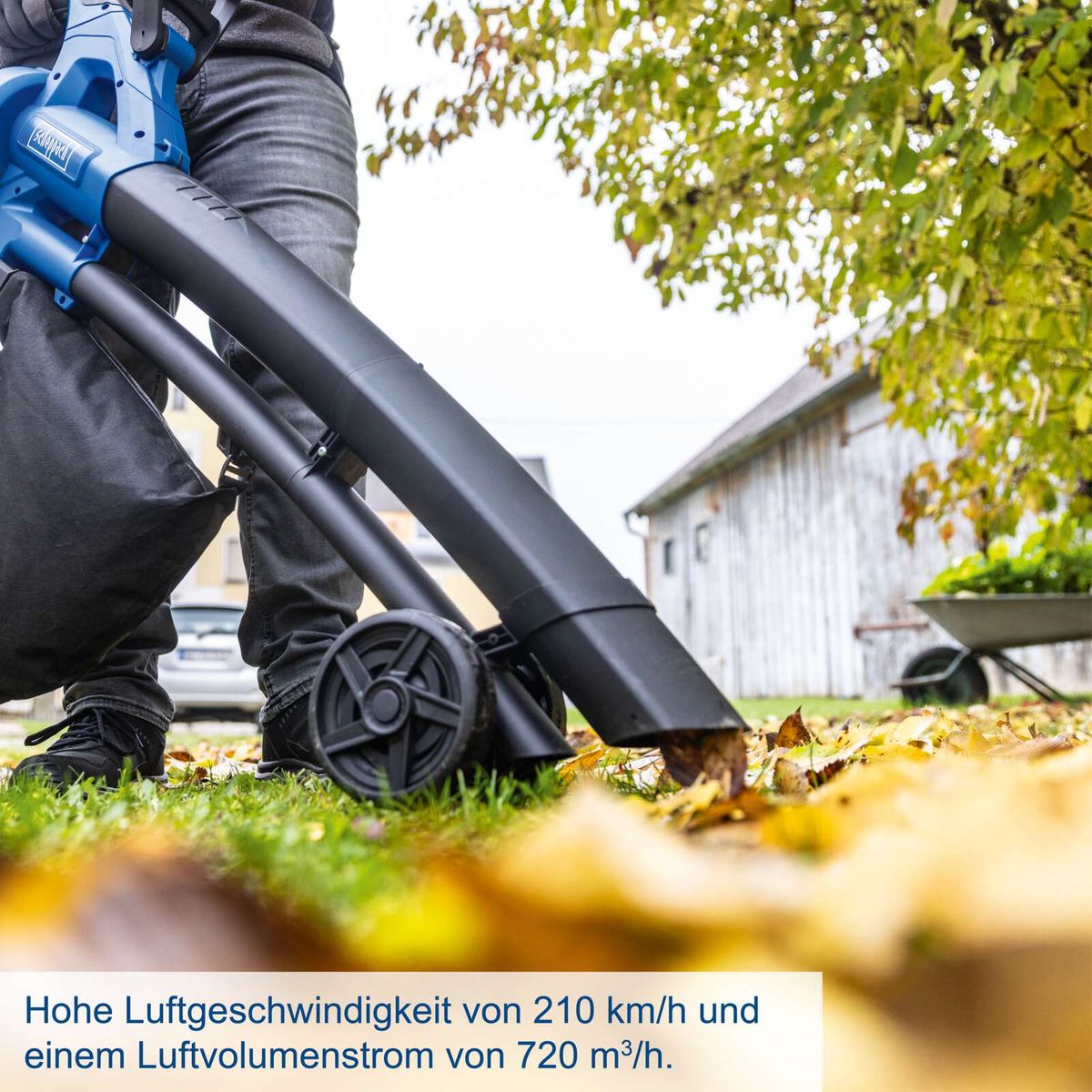 Akku-Laubsauger mit hoher Luftgeschwindigkeit von 210 km/h und Luftvolumenstrom von 720 m³/h