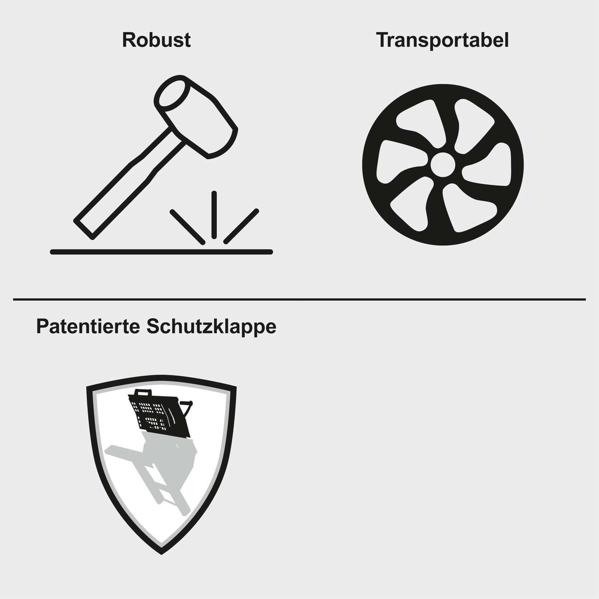 Robust und transportabel dank großer Räder. Ausgestattet mit einer patentierten Schutzklappe.