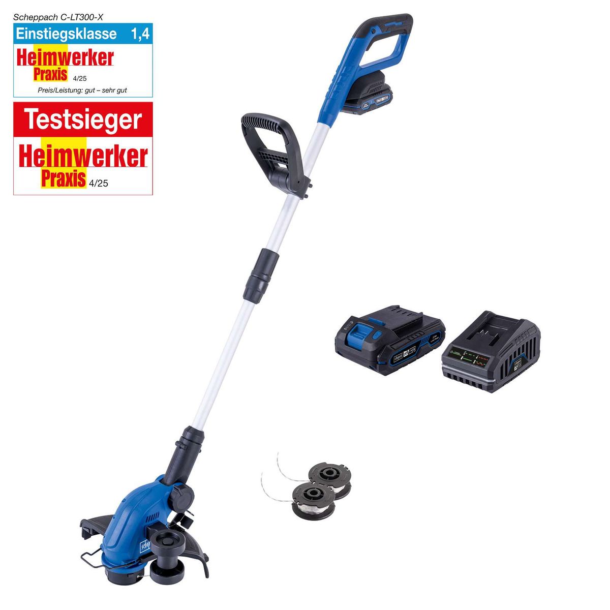Der Akku-Rasentrimmer C-LT300-X von Scheppach hat eine Schnittbreite von 300mm, eine Fadenlänge von 3m und eine Höhenverstellung von 270mm. Er ist ein Testsieger bei Heimwerker Praxis und gehört zur Einstiegsklasse 1,4.