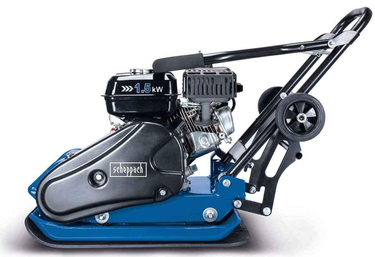 Scheppach-Rüttelplatte mit 1,5 kW-Antrieb, Detailansicht der Motor- und Fahrvorrichtung