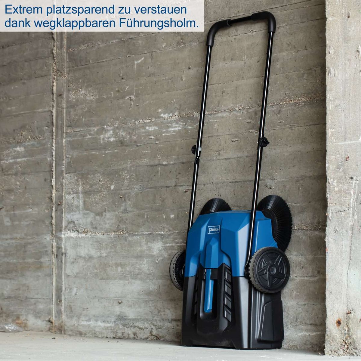 Scheppach Kehrmaschine Trike-S mit wegklappbarem Führungsholm für platzsparende Aufbewahrung