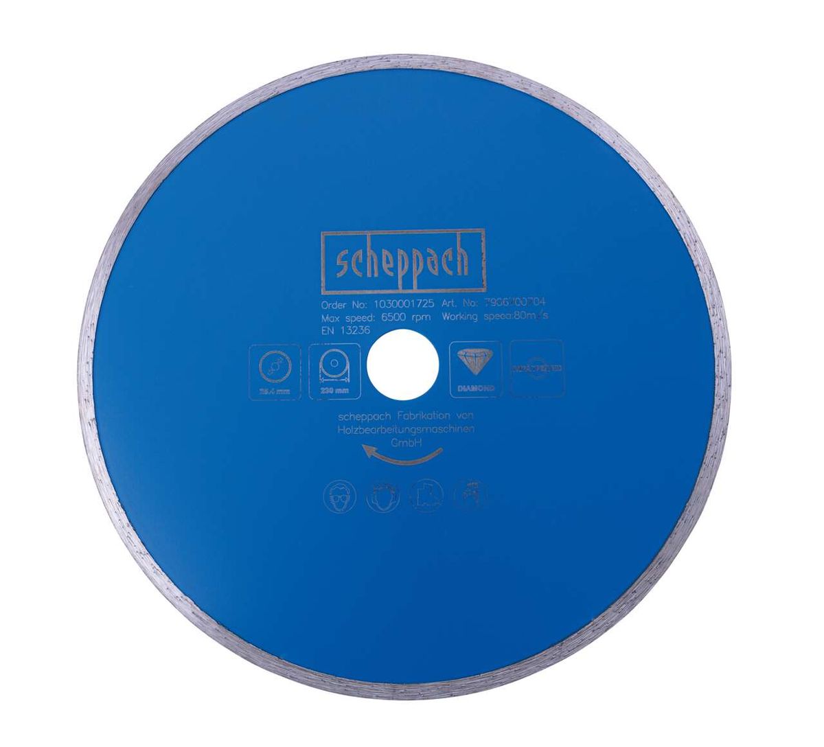 Scheppach Diamant-Trennscheibe Ø 230 x 25,4 mm, Vorderansicht. Artikelnummer: 7906700704, Max. Drehzahl: 6500 U/min, Arbeitsgeschwindigkeit: 80 m/s, EN 13236.