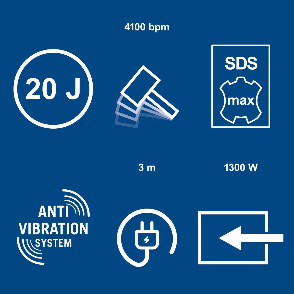 Wichtige Leistungsmerkmale des Elektro-Bohrhammers: 1500 Watt, 4100 U/min, 20 Joule, SDS-Max, 3 Meter Reichweite Anti-Vibrationssystem, 1300 Watt, Wechselstromanschluss, Rückwärtslauf