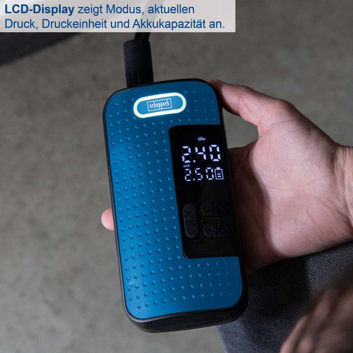 Das Gerät verfügt über ein LCD-Display, das den Modus, den aktuellen Druck, die Druckeinheit und die Akkukapazität anzeigt.