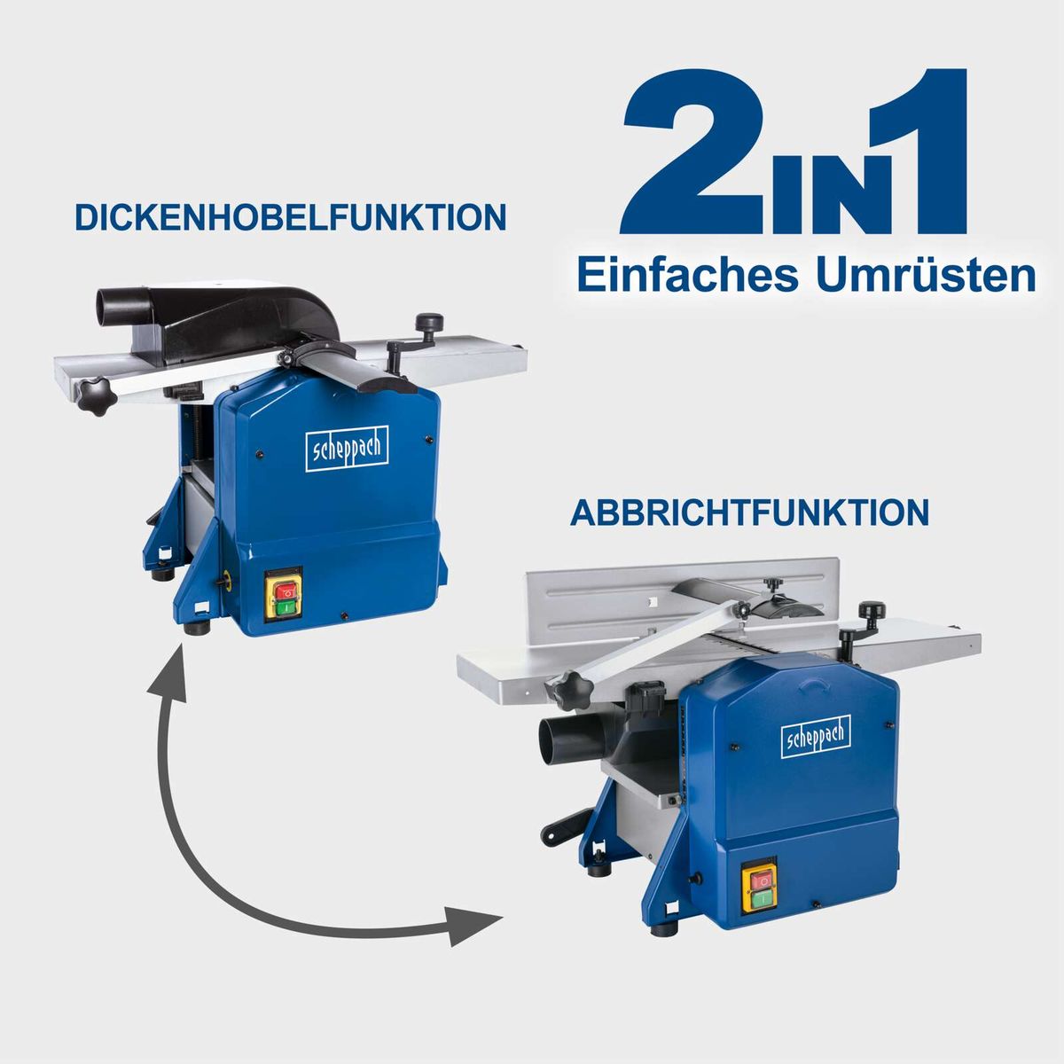 Doppelfunktionseinheit mit Dickenhobel- und Abrichtfunktion für Scheppach-Hobelmaschine, einfache Umrüstung durch Drehung der Maschine