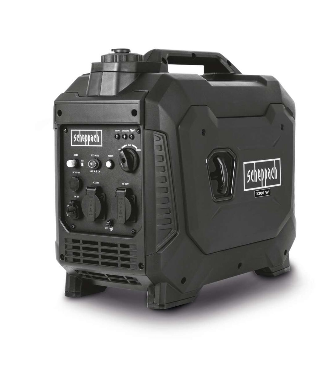 Inverter IGT3500 Scheppach black, 3500W Generator, 6,3L Tank, 66dB, Ansicht von der Seite.