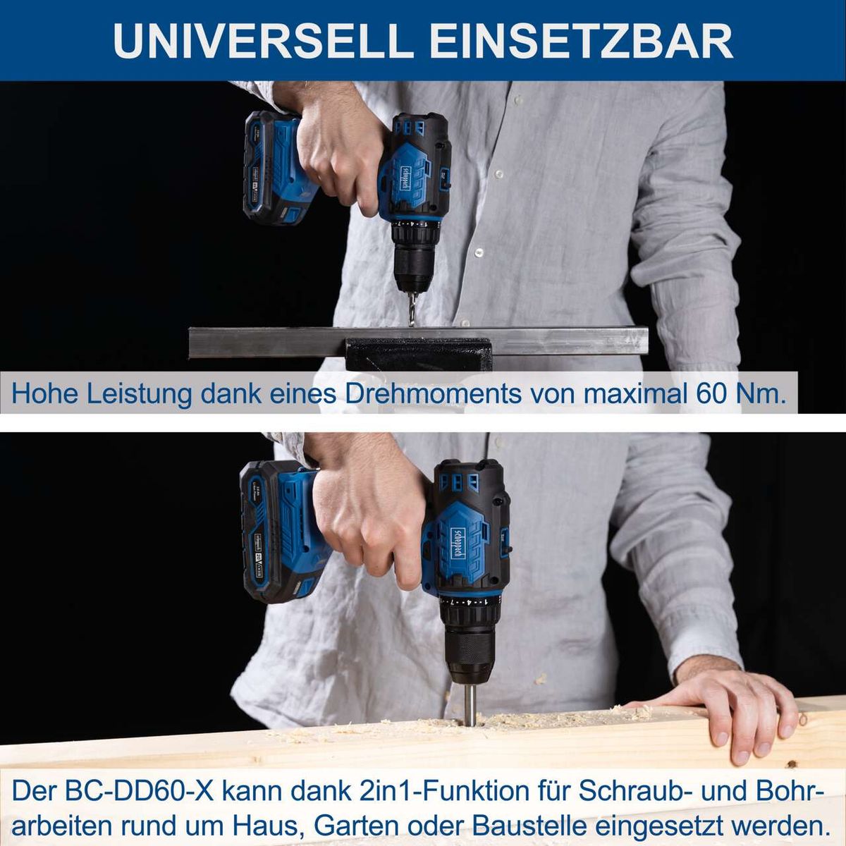 Akku-Bohrschrauber mit 2-in-1-Funktion für Schrauben und Bohren, maximales Drehmoment von 60 Nm für präzise Arbeiten.