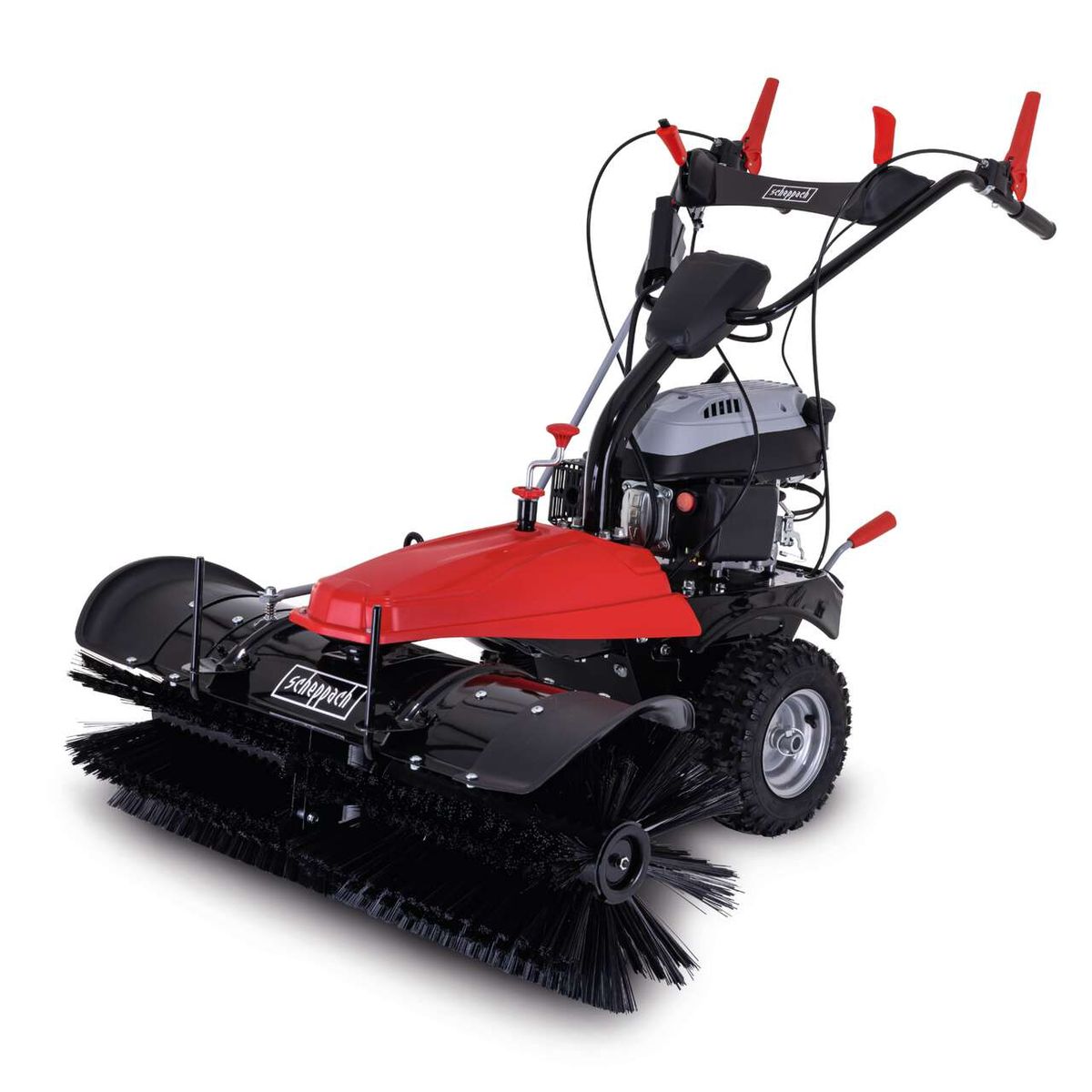 Scheppach Kehrmaschine SC2200PE mit rotierenden Bürsten für effektives Kehren. Gezeigt von der Seite.