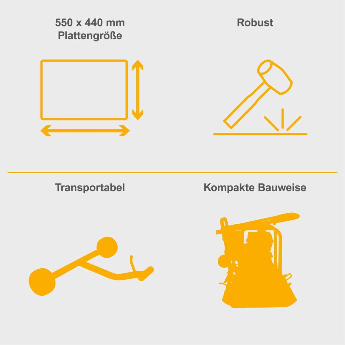 Die Scheppach Rüttelplatte HP1800S hat eine Plattengröße von 550 x 440 mm. Sie ist robust, transportabel und hat eine kompakte Bauweise.