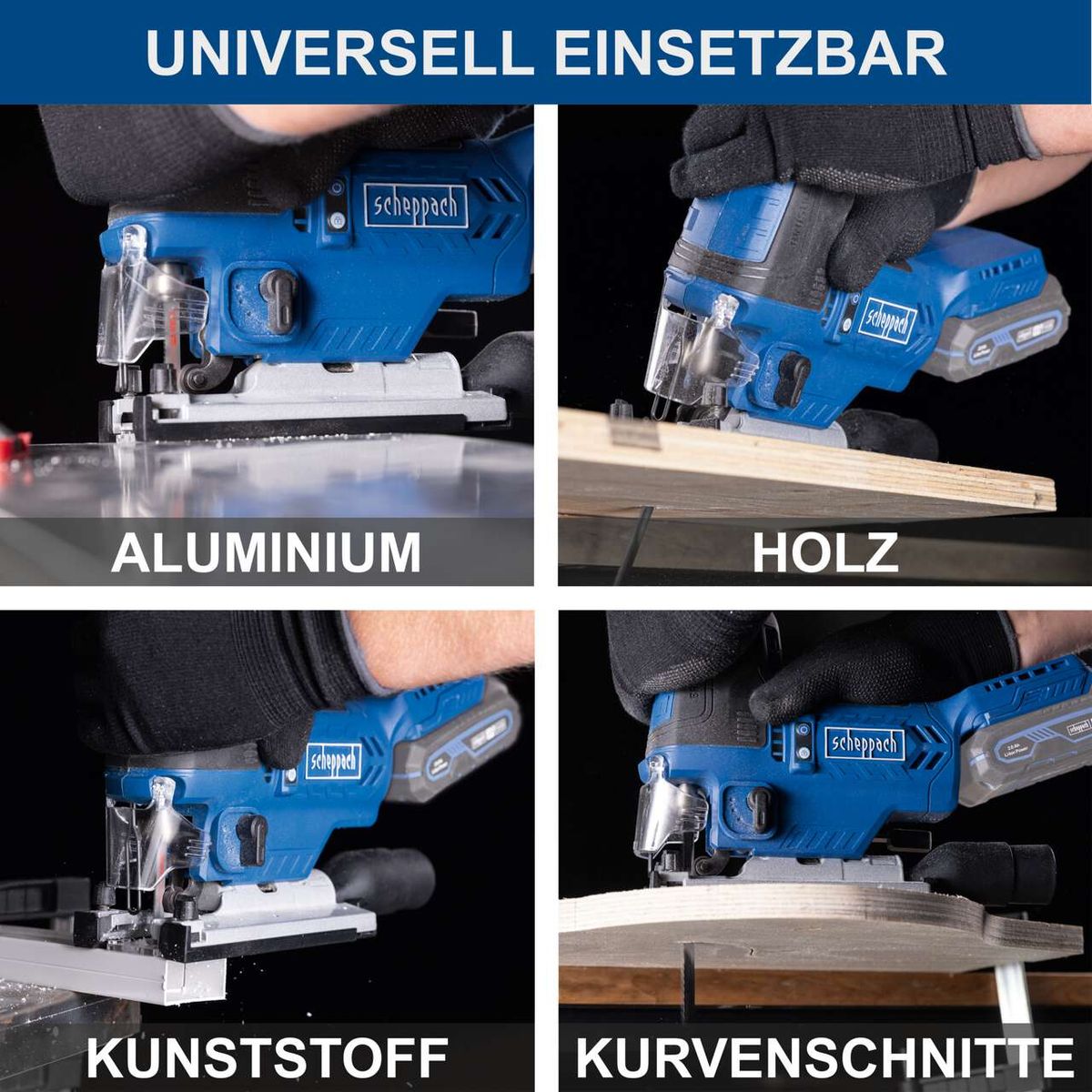 Die Akku-Stichsäge von Scheppach ist universell einsetzbar und eignet sich für Aluminium, Holz, Kunststoff und Kurvenschnitte.