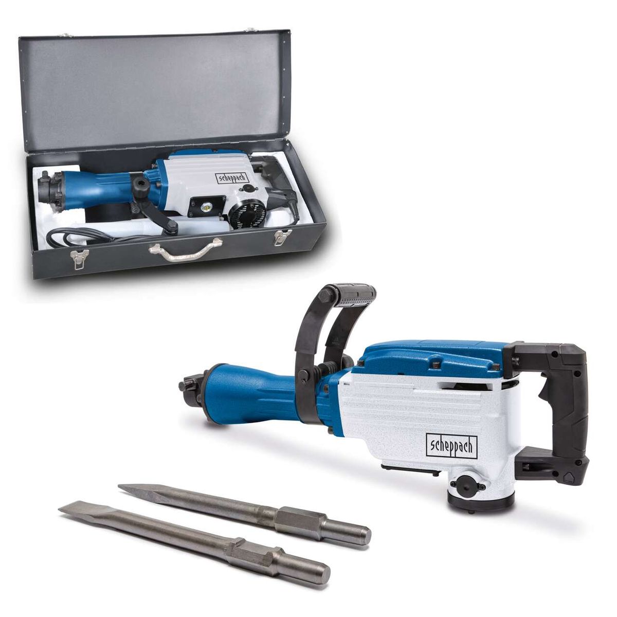 Abbruchhammer AB1700 Scheppach mit 50J Schlagenergie und 1700W Leistung. Inkl. Spitz- und Flachmeißel. Soft-Grip für besseren Halt.