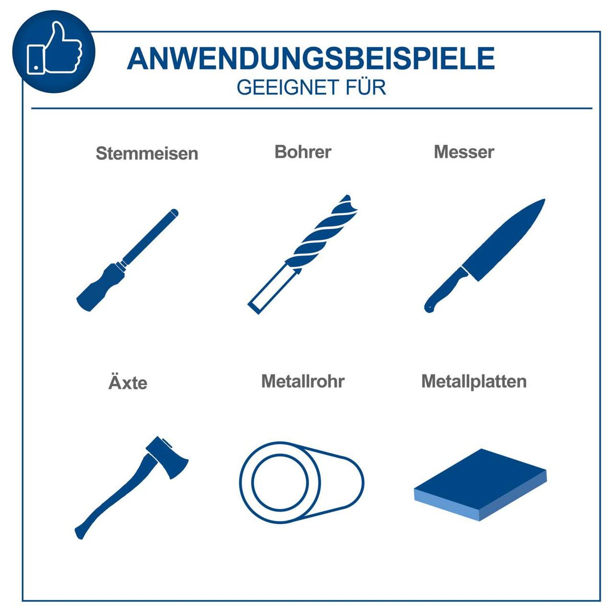 Anwendungsbeispiele für den Doppelschleifer HG35 Scheppach: geeignet für Stemmeisen, Bohrer, Messer, Äxte, Metallrohre und Metallplatten.