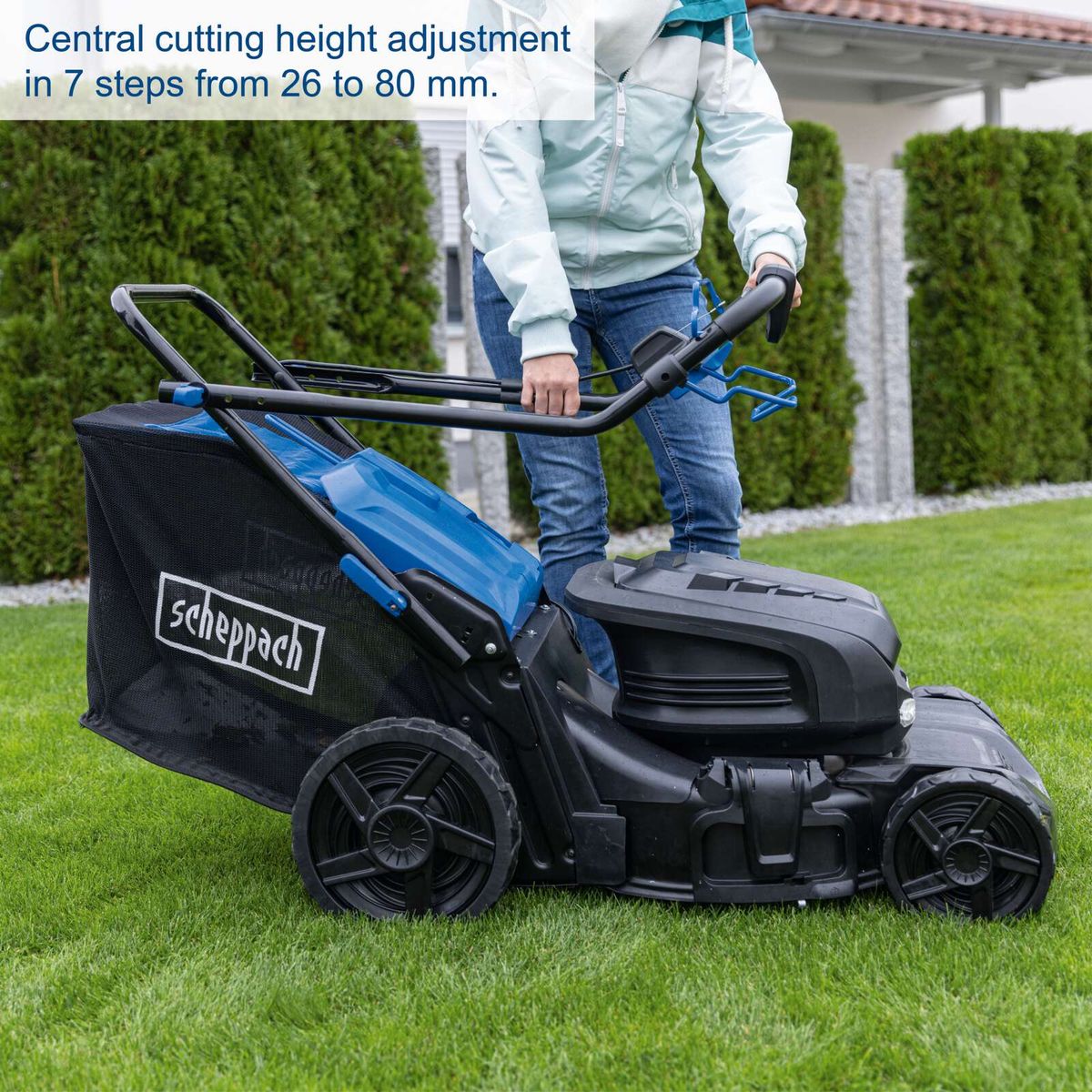 The BC-MP470-X battery-powered lawnmower by Scheppach features a central cutting height adjustment in 7 steps from 26 to 80 mm.
