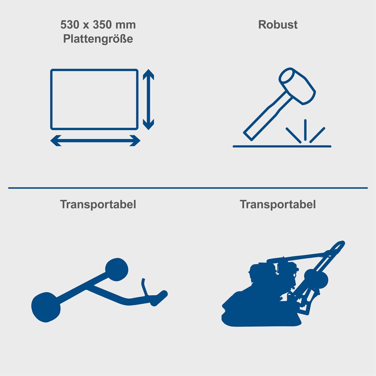 Plattengröße von 530 x 350 Millimetern, robuste und transportable Rüttelplatte mit Gewichtsangaben und Transportillustrationen