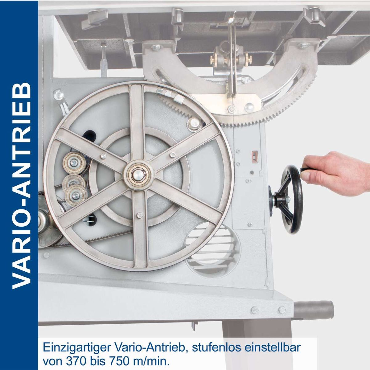 Scheppach Bandsäge mit einzigartigem Vario-Antrieb, stufenlos einstellbar von 370 bis 750 m/min.