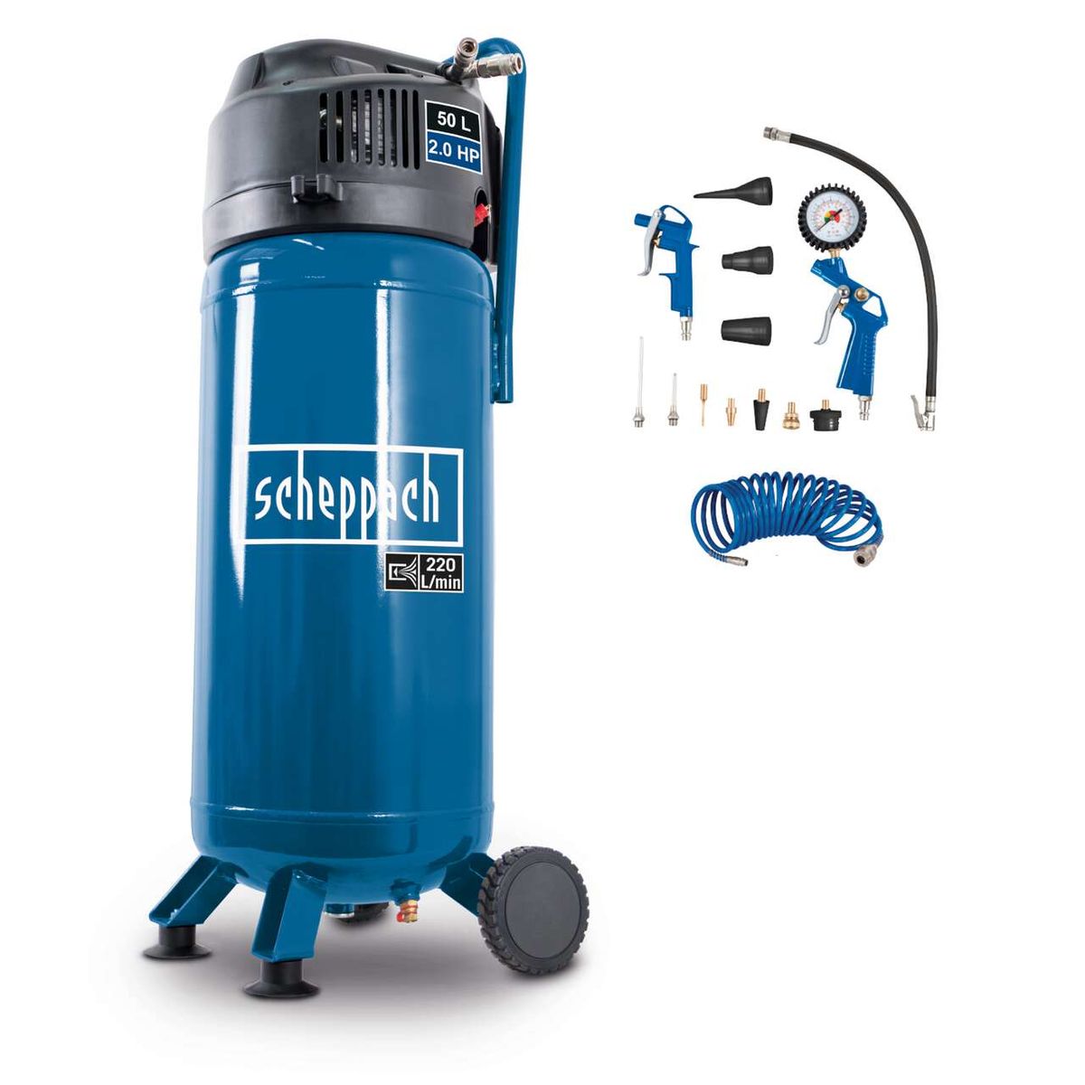 Scheppach Kompressor mit 50 Liter Tank, 2,0 HP, 220 l/min Luftstrom, inkl. 13-teiligem Set und 10m Schlauch, 10 bar, ölfrei.