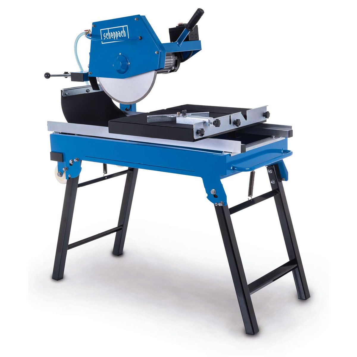Steintrennmaschine HSM3500 mit Wasserpumpe und Anschlag. Schnittlänge 700mm, Schnitthöhe 110mm. Gezeigt von der Seite mit Wasseranschluss und Anschlag.