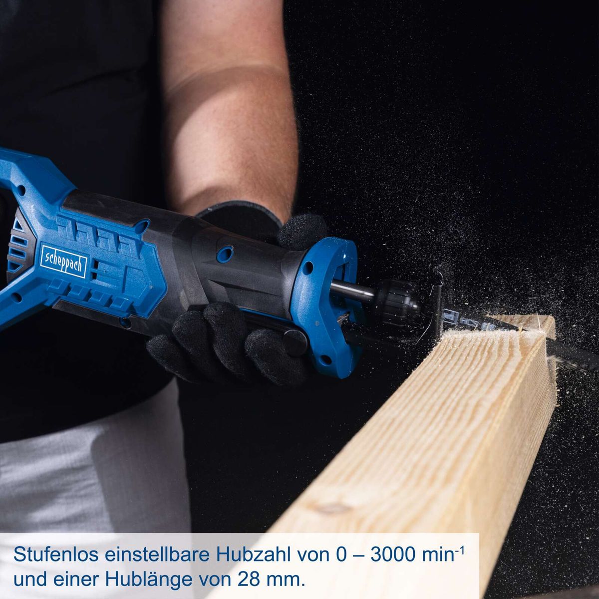 Scheppach Akku-Säbelsäge mit stufenlos einstellbarer Drehzahl von 0 bis 3000 min⁻¹ und 28 mm Hublänge