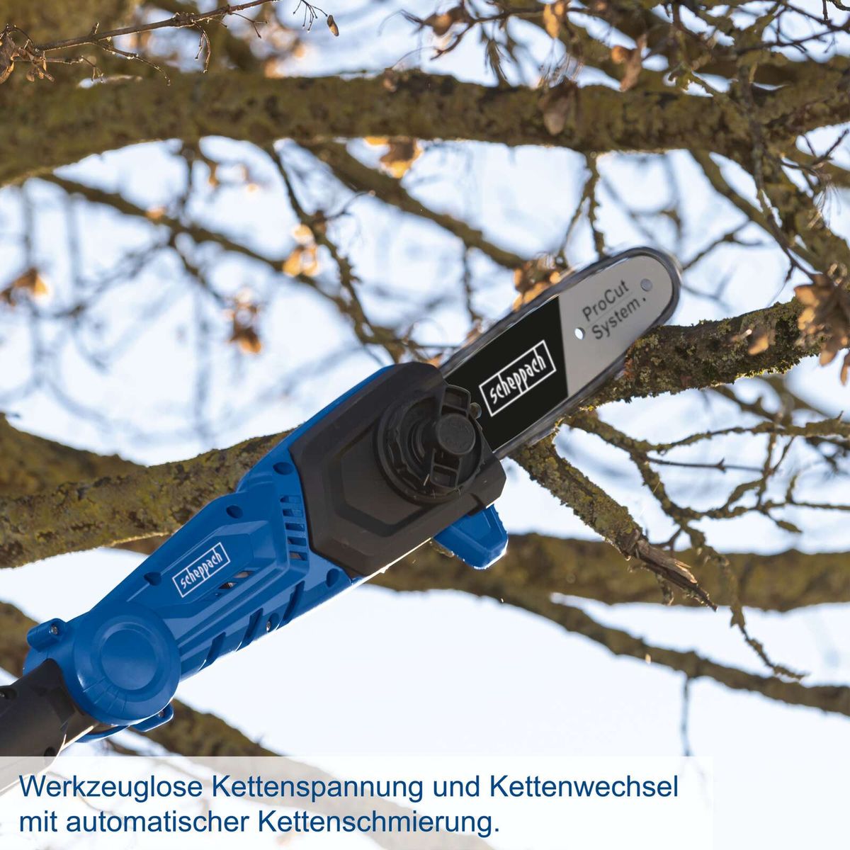 Kettenspannung und Kettenwechsel ohne Werkzeug mit automatischer Kettenschmierung für Scheppach-Kettensägen