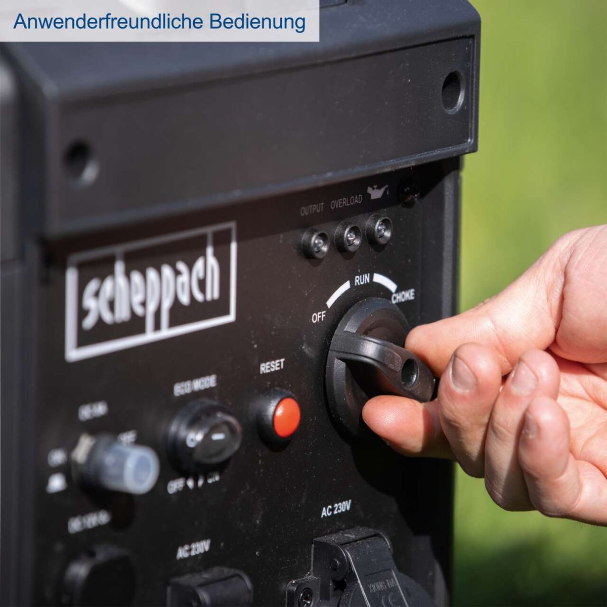 Scheppach-Invertergenerator mit Bedienelementen für Start, Choke und Reset, inkl. Überlastungsanzeige