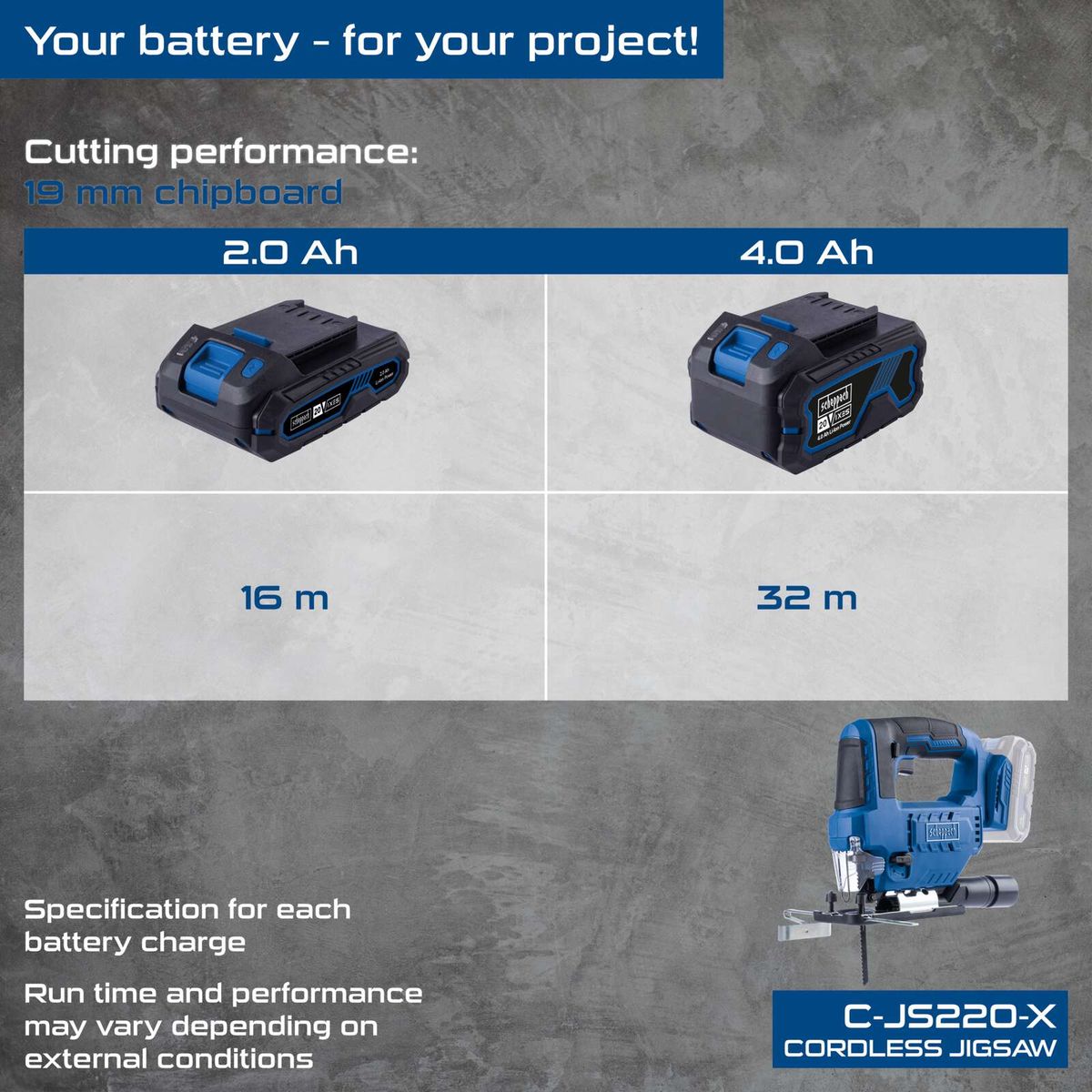 Scheppach cordless jigsaw C-JS220-X showing battery performance (2Ah and 4Ah), runtime, and cutting capability