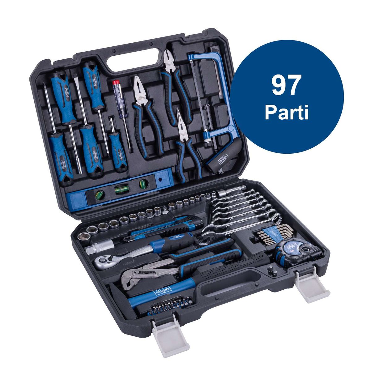 Der Werkzeugkoffer WZK120 von Scheppach enthält 96 Teile, darunter Schraubendreher, Zangen, Ratschen, Nüsse und mehr. Ideal für Heimwerker und Profis.