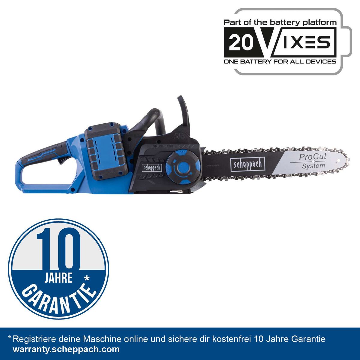 Scheppach Akku-Kettensäge mit 10-jähriger Garantie, inkl. Brushless-Motor und ProCut-System