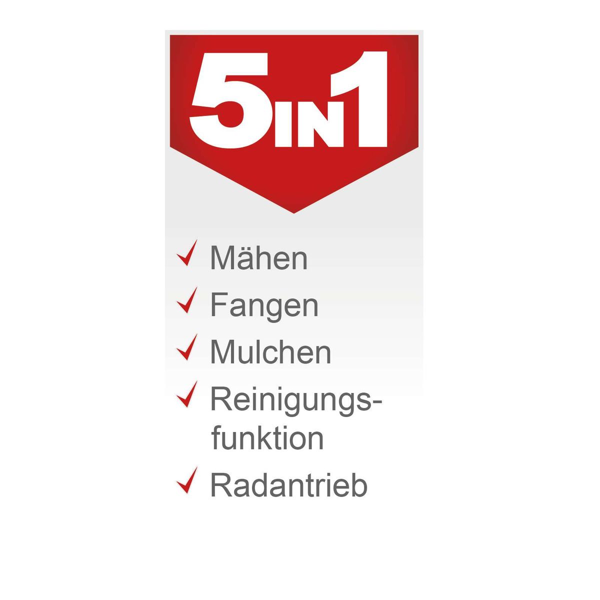 Der Benzin Rasenmäher MS150-42E Scheppach bietet folgende Funktionen: Mähen, Fangen, Mulchen, Reinigungsfunktion und Radantrieb.